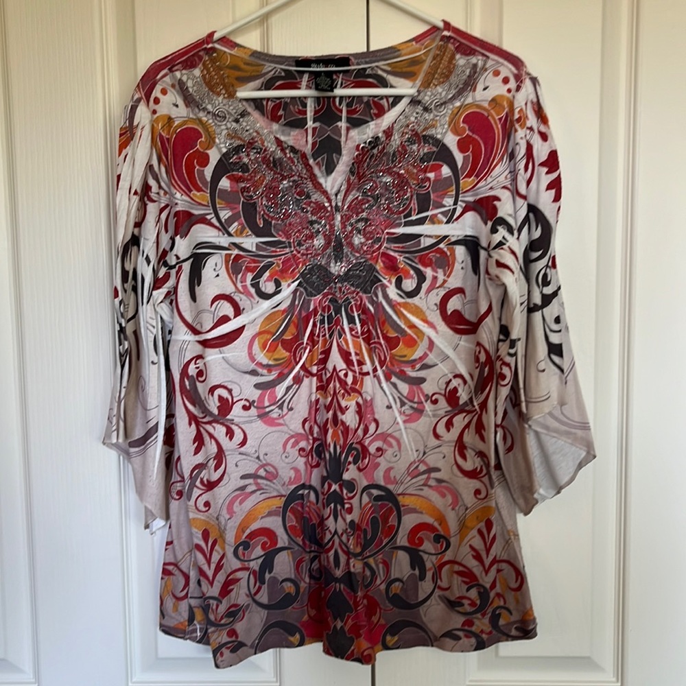 Style & Co Top with Colorful Print and small jewel sequins along front
